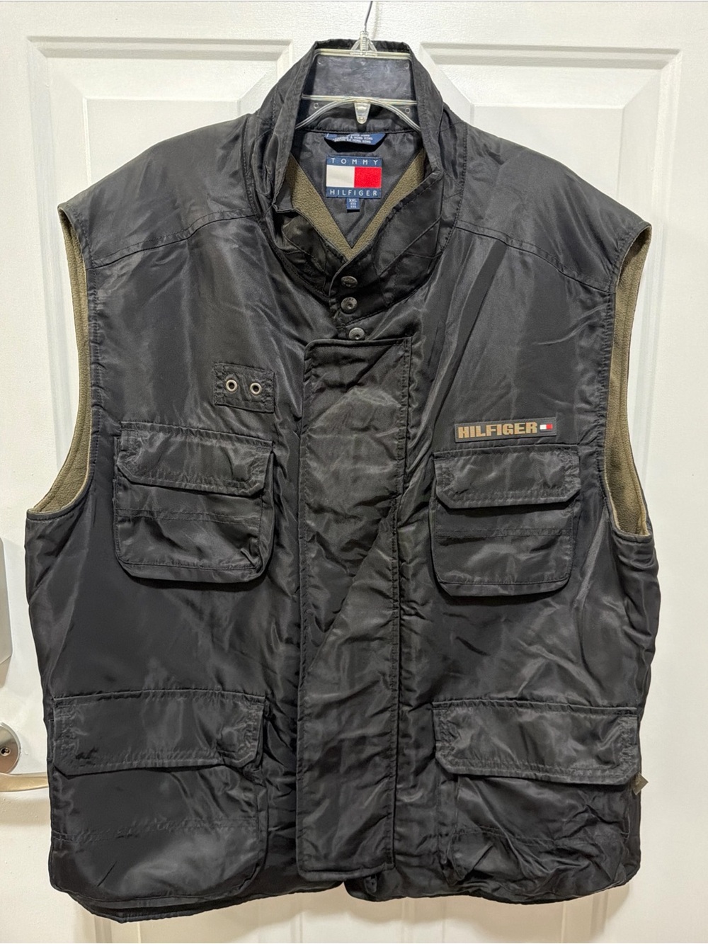 VTG Tommy Hilfiger Utility Vest XXL Military Style Black Fleece Lined Nylon